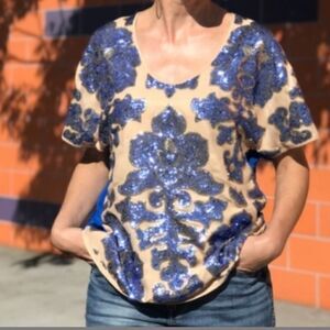 NWT Tracy Reese x Neiman Marcus Blue Sequin Short Sleeve Blouse Top S